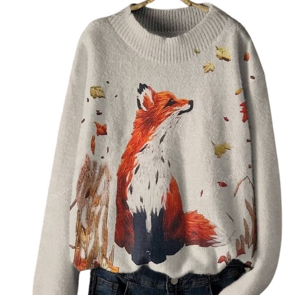 Sweaters - Fox Pattern Loose Pullover Sweater With Faux Embroidery Design